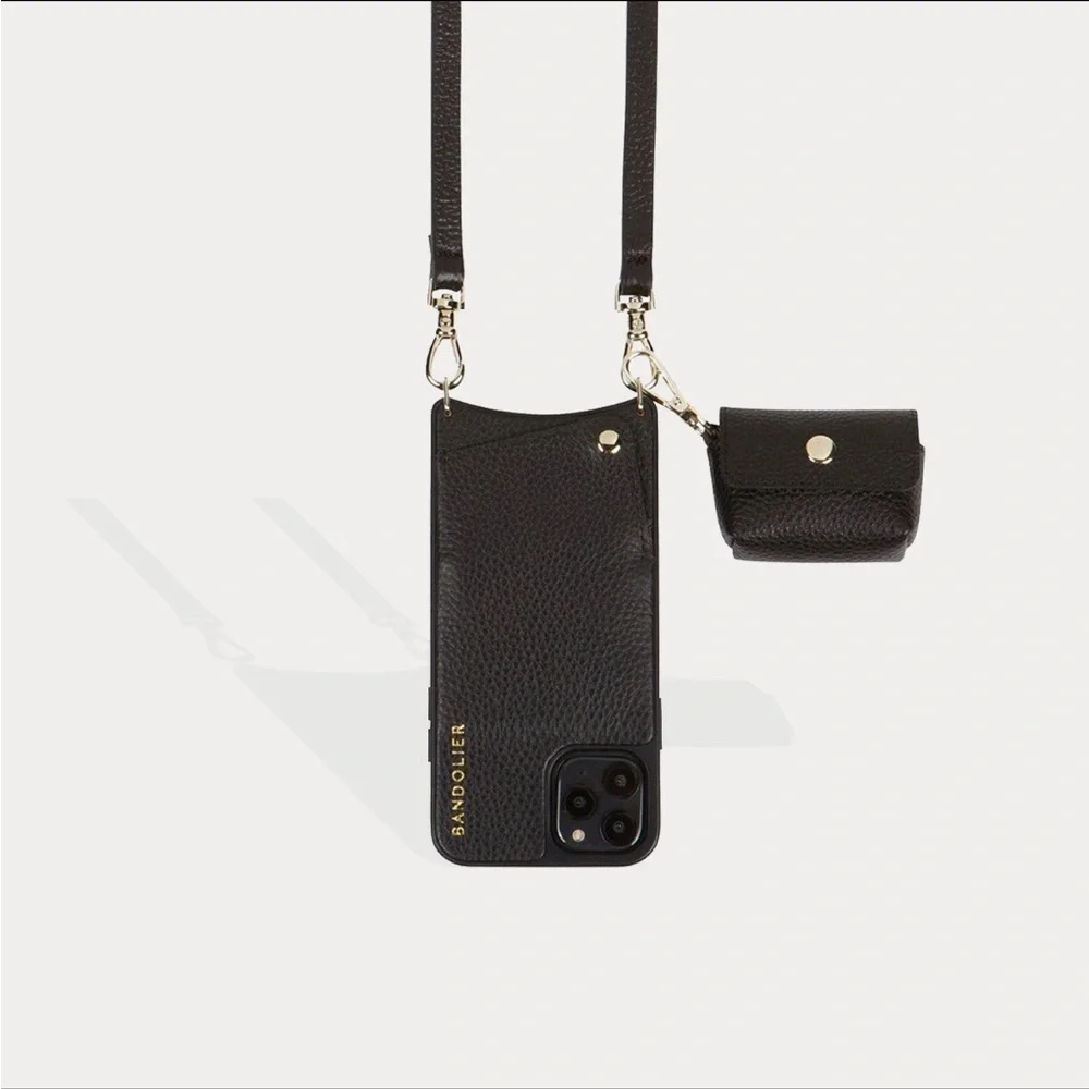 Bandolier Avery Leather AirPod clip on pouch with Gold Hardware black leather